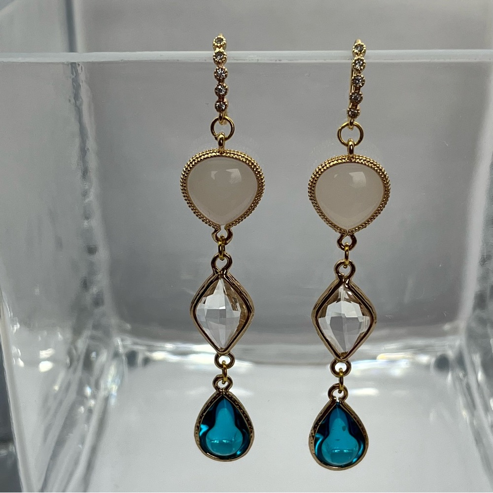 Turquoise Blue Clear Glass Handmade Dangle 18k Gold Hook Earrings
